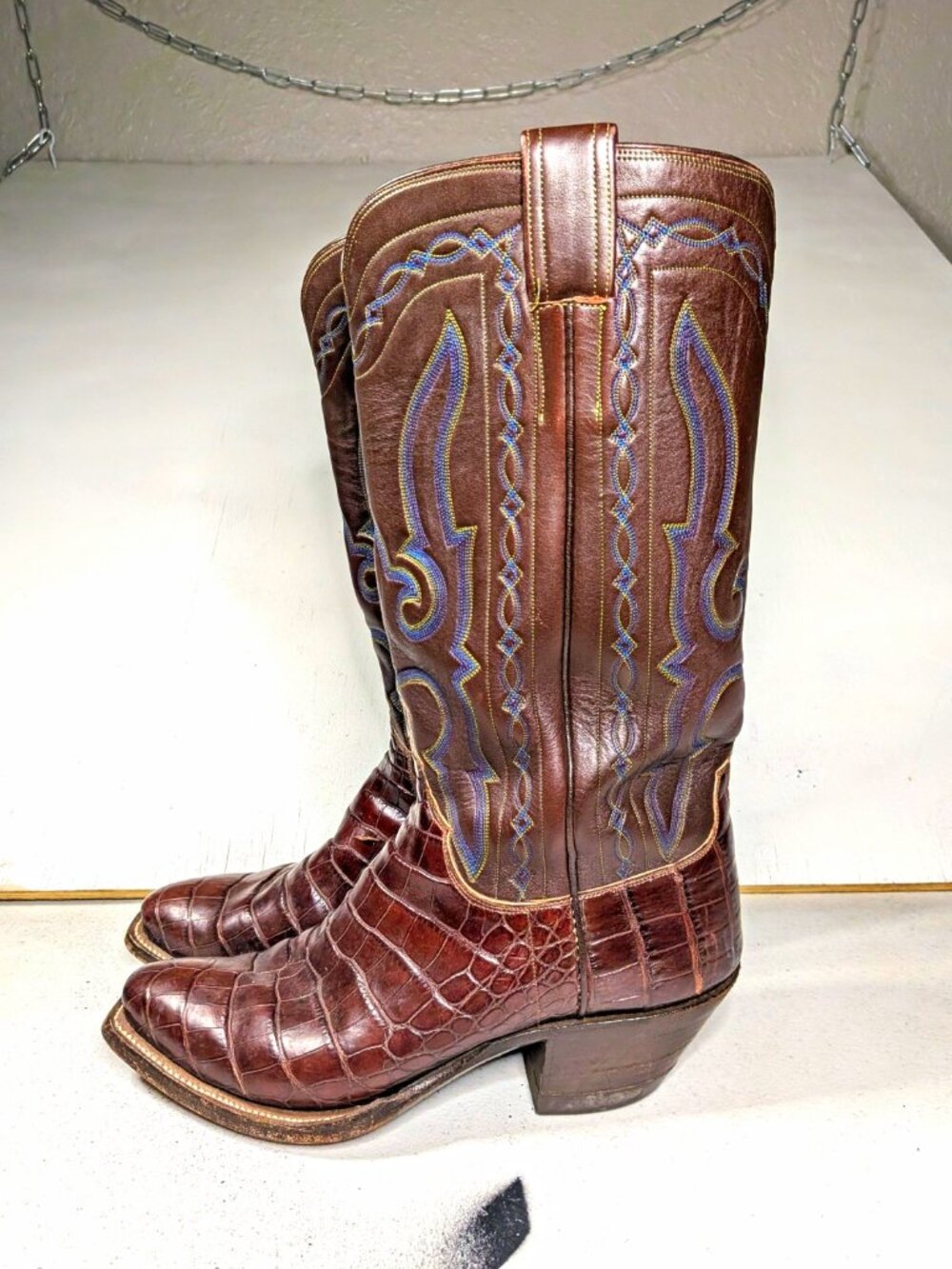 M.L. Leddy's Mens Alligator Cowboy Boots 8.5 E Handmade Brown Leather 2012